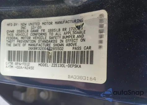 2004 Toyota Corolla S from USA, damaged, VIN 1NXBR32E64Z285502
